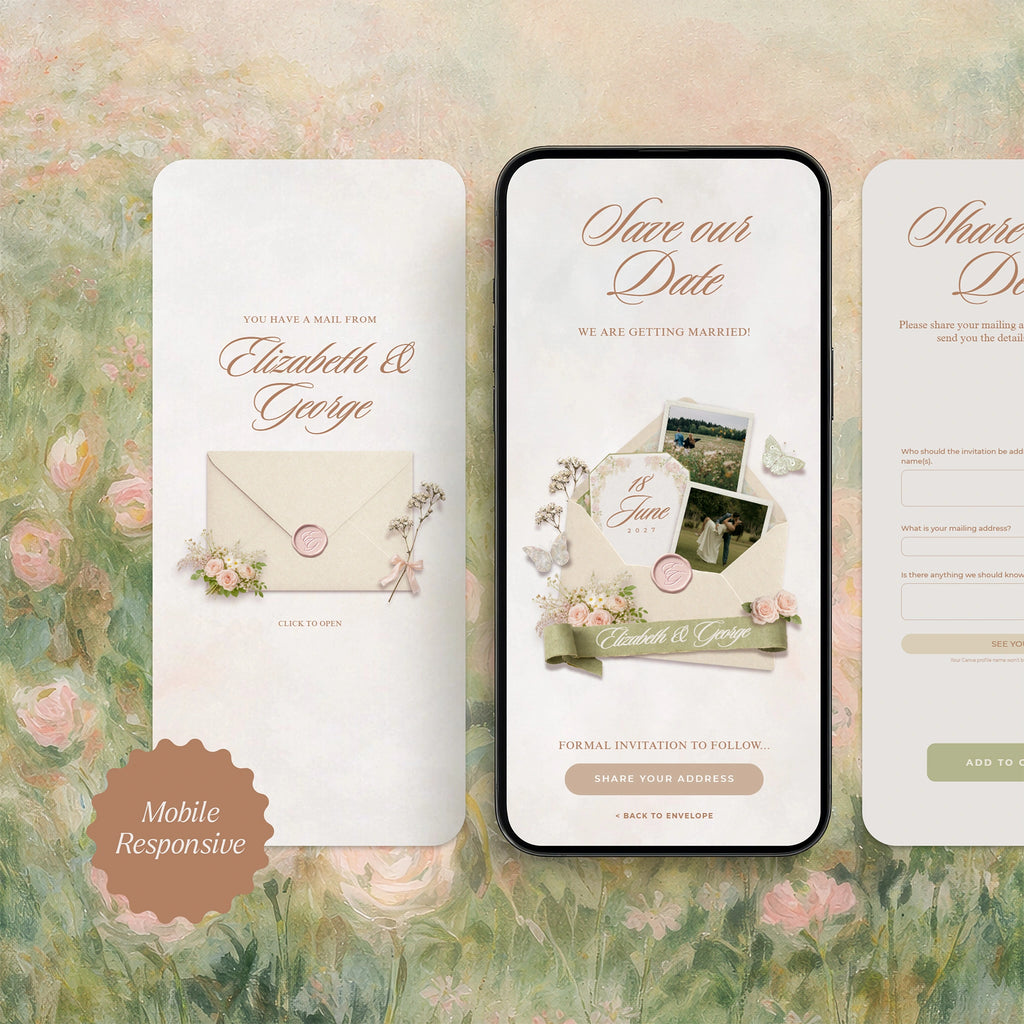 Mobile-responsive save the date wedding website template on phone screen, cream envelope with pastel wildflowers and RSVP address form