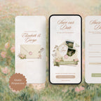 Mobile-responsive save the date wedding website template on phone screen, cream envelope with pastel wildflowers and RSVP address form