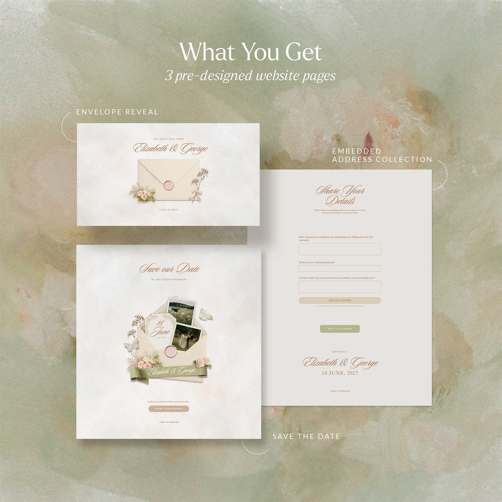 Blushing wildflower save the date website template preview: envelope reveal, save the date page, and RSVP address form