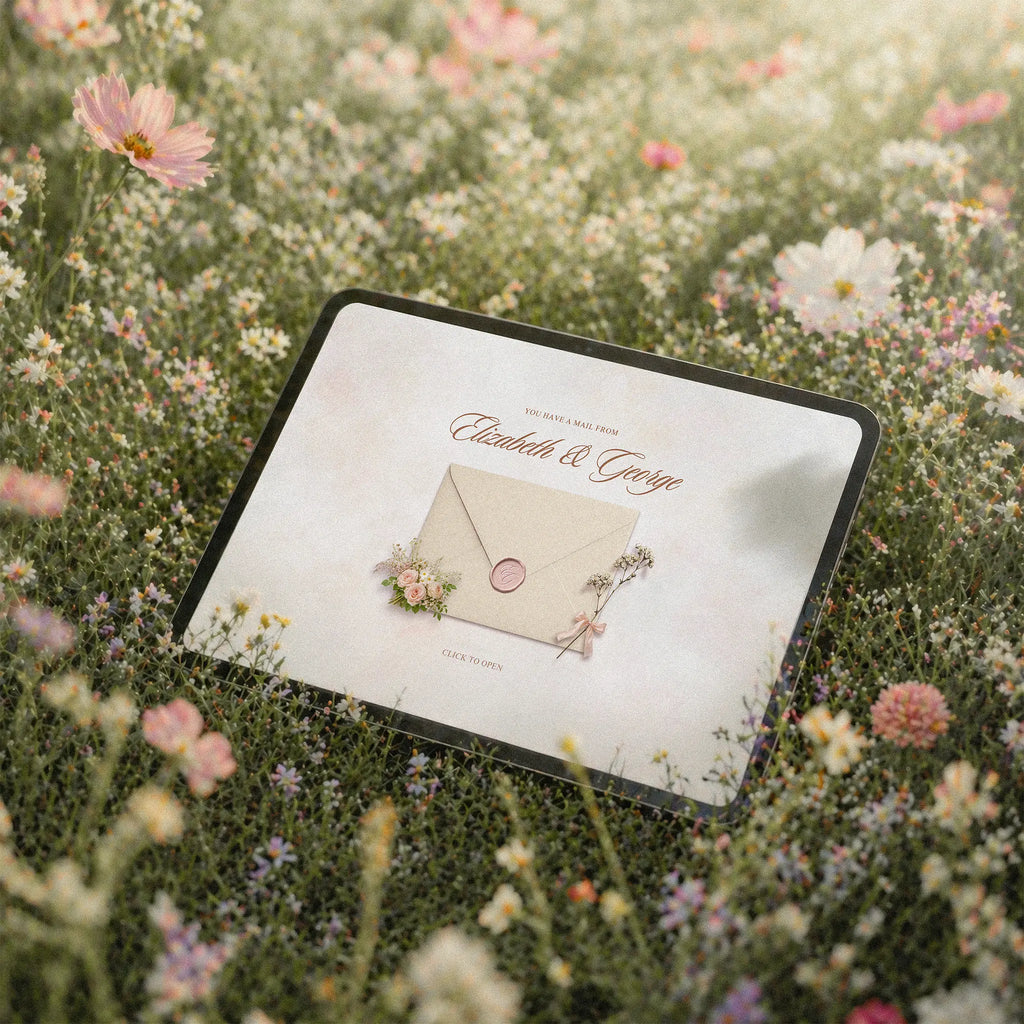Blushing wildflower wedding website template shown on iPad, cream envelope reveal with pink roses in flower field