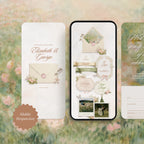 Mobile-responsive Blushing Wildflower pastel pink and olive wedding website template on phone screen, painterly floral envelope liner and RSVP form