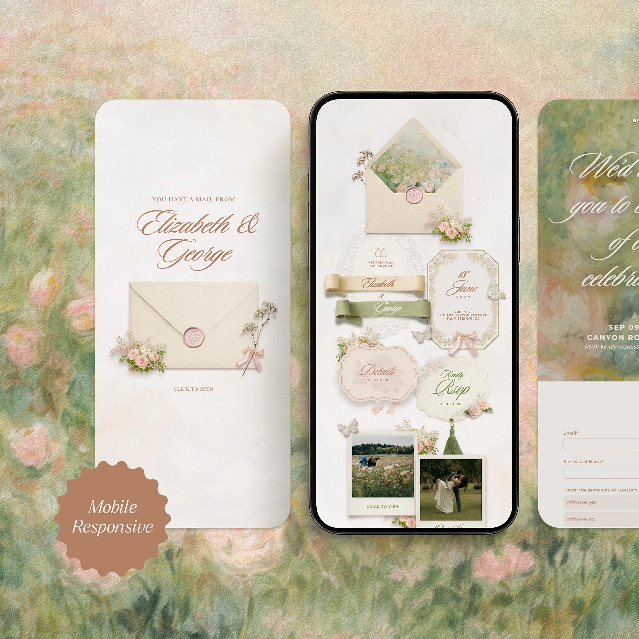 Mobile-responsive Blushing Wildflower pastel pink and olive wedding website template on phone screen, painterly floral envelope liner and RSVP form