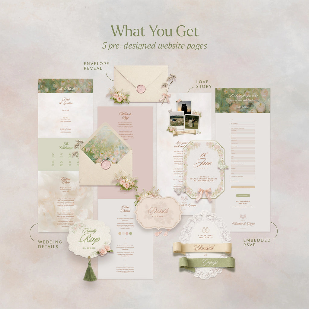 Blushing Wildflower pastel cottagecore wedding website template preview: envelope reveal, love story, and RSVP pages