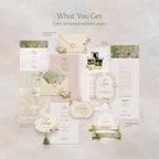 Blushing Wildflower pastel cottagecore wedding website template preview: envelope reveal, love story, and RSVP pages