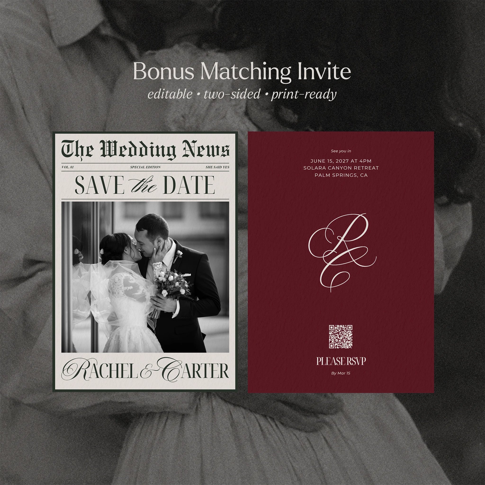 Newspaper save the date invitation template with vintage headline design, editable printable invitation with QR code