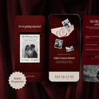 Mobile-responsive newspaper save the date website template on phone screen, vintage ticket stub countdown and RSVP form