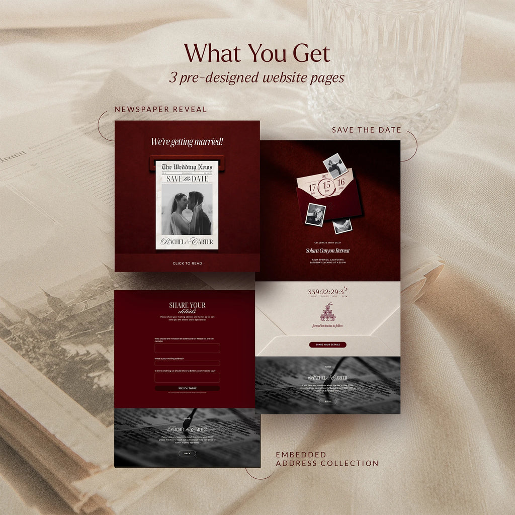 Burgundy newspaper save the date website template preview: mailbox reveal, save the date countdown, and RSVP form