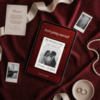 Burgundy newspaper wedding website template shown on iPad, vintage Wedding News save the date mailbox reveal