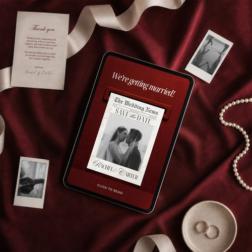 Burgundy newspaper wedding website template shown on iPad, vintage Wedding News save the date mailbox reveal