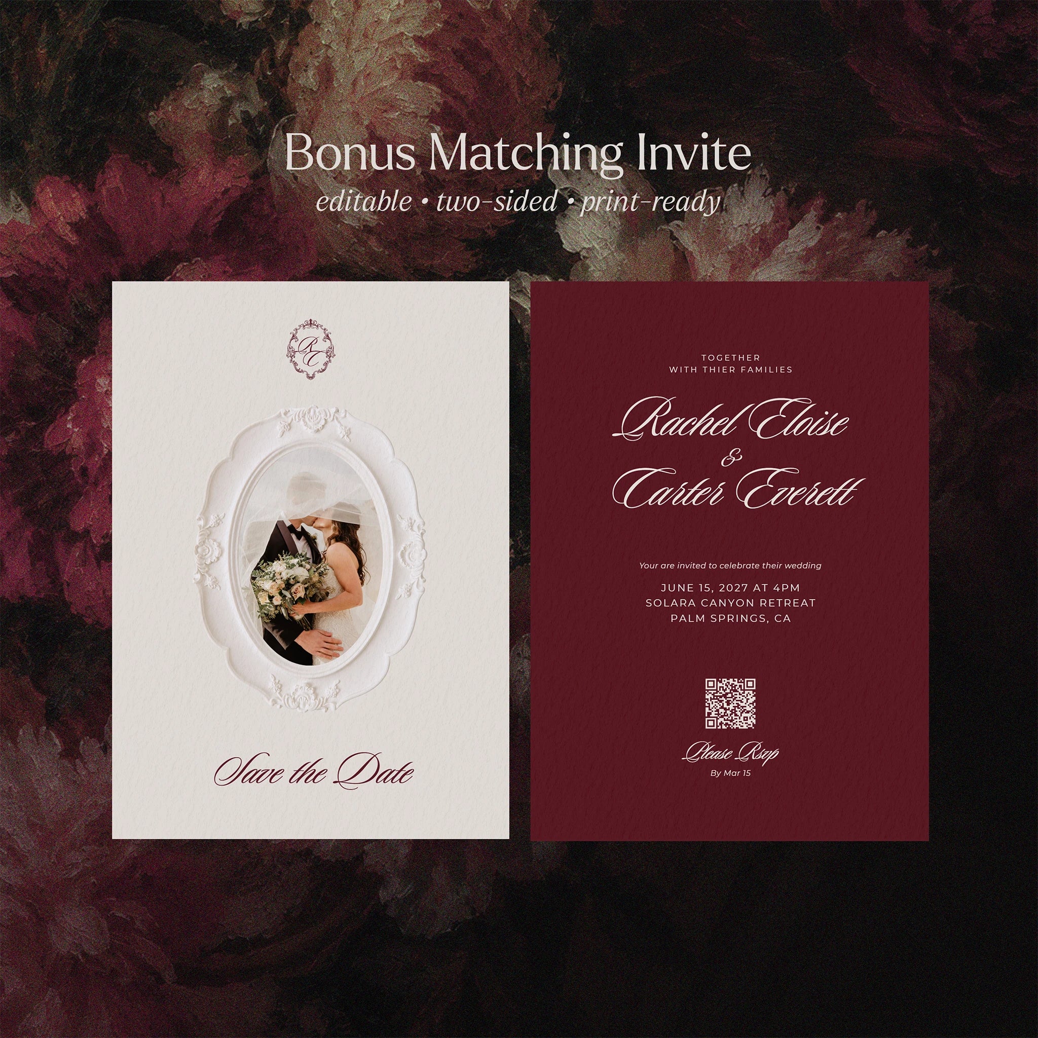 Classic Burgundy lace save the date invitation template with carved oval photo frame, editable printable invitation with QR code
