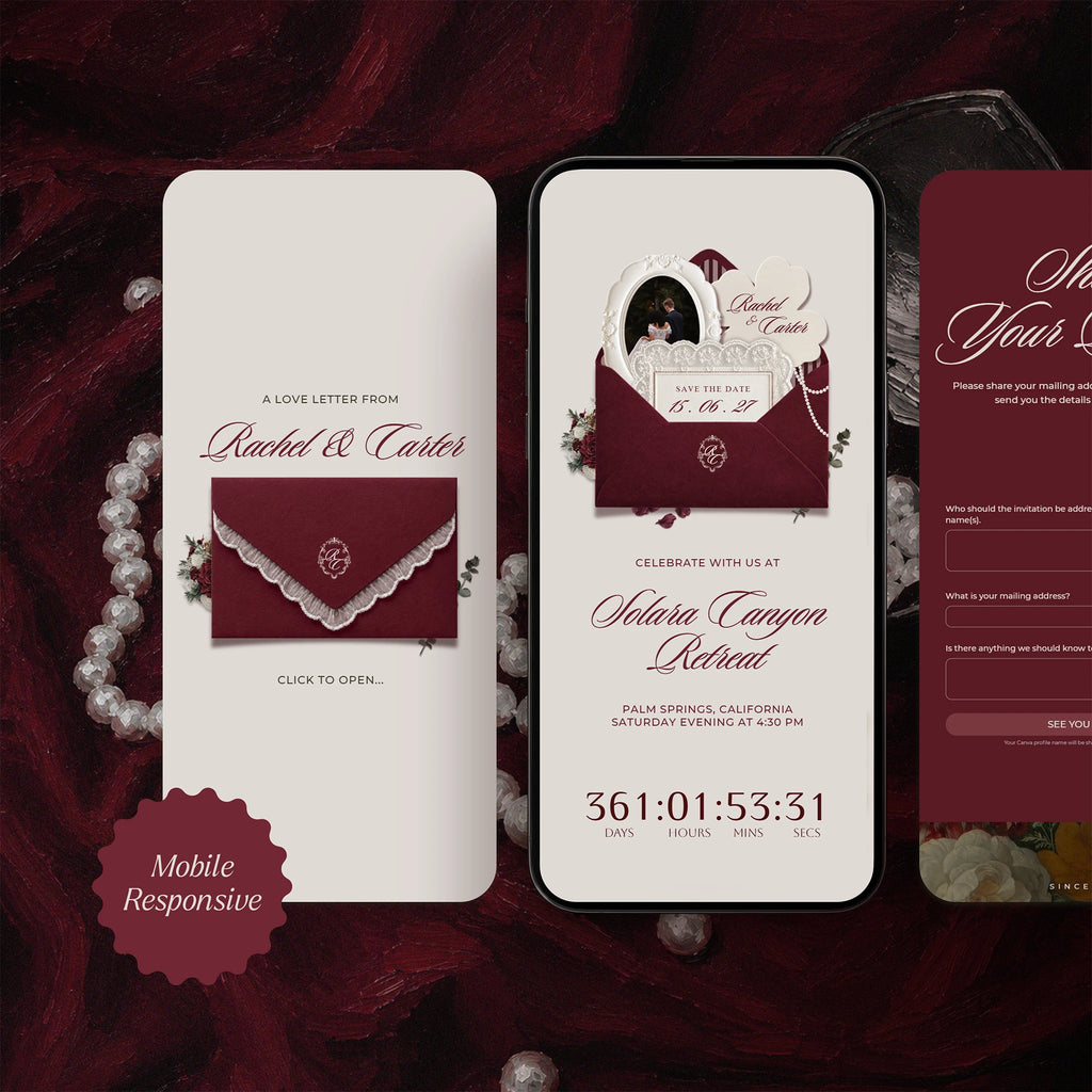 Mobile-responsive Classic Burgundy lace save the date website template on phone screen, lace-trimmed envelope and countdown timer