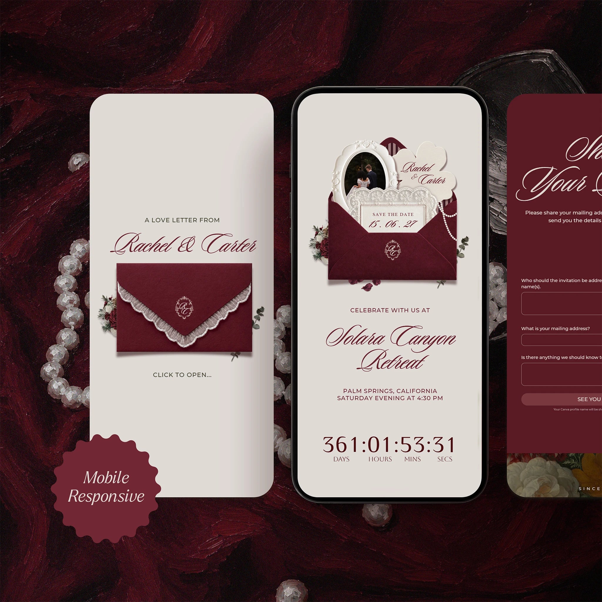 Mobile-responsive Classic Burgundy lace save the date website template on phone screen, lace-trimmed envelope and countdown timer