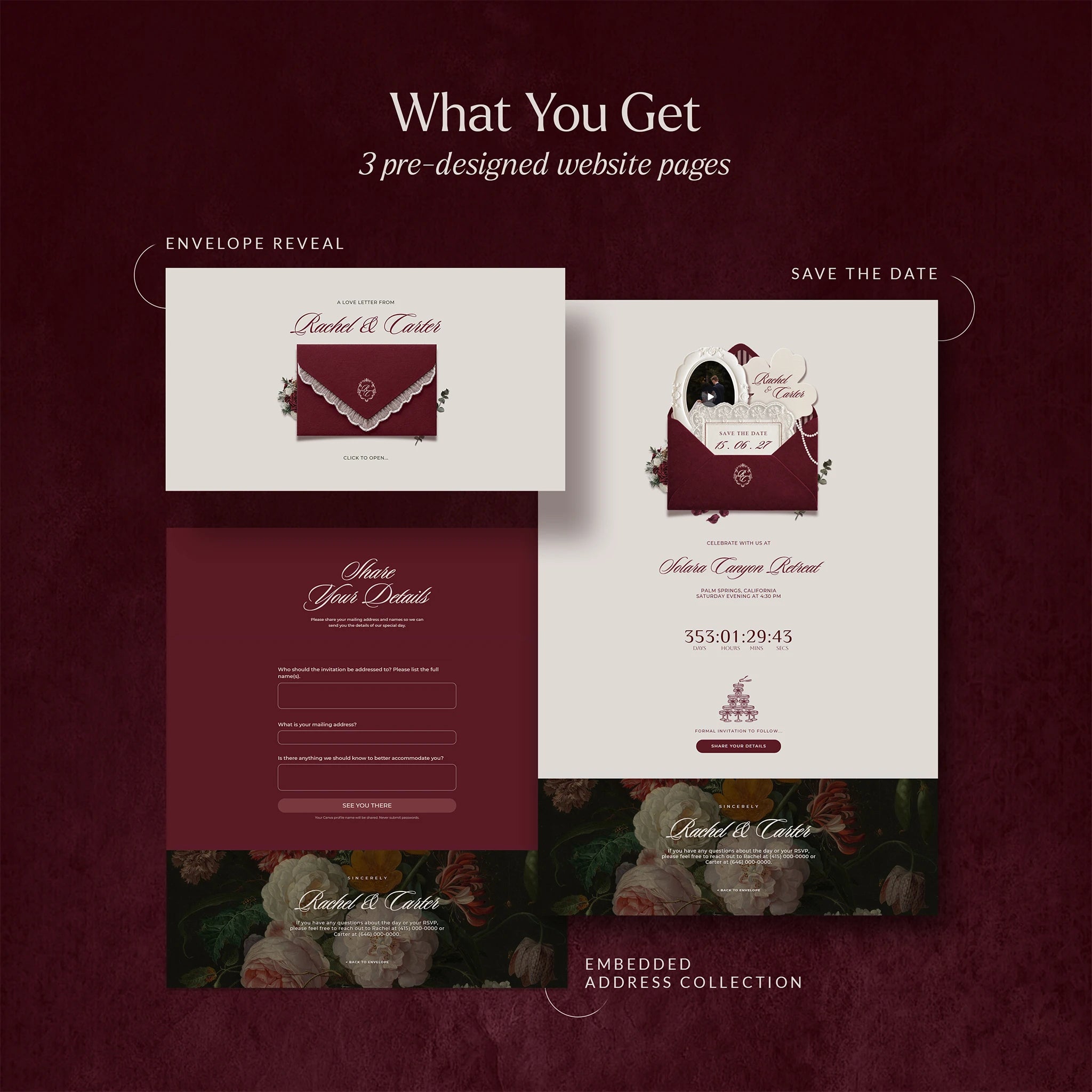 Classic Burgundy lace save the date website template preview: envelope reveal, save the date countdown page, and RSVP form