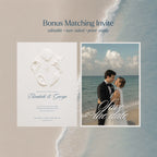 Coastal beach save the date invitation template with embossed seashells, editable printable wedding invitation suite