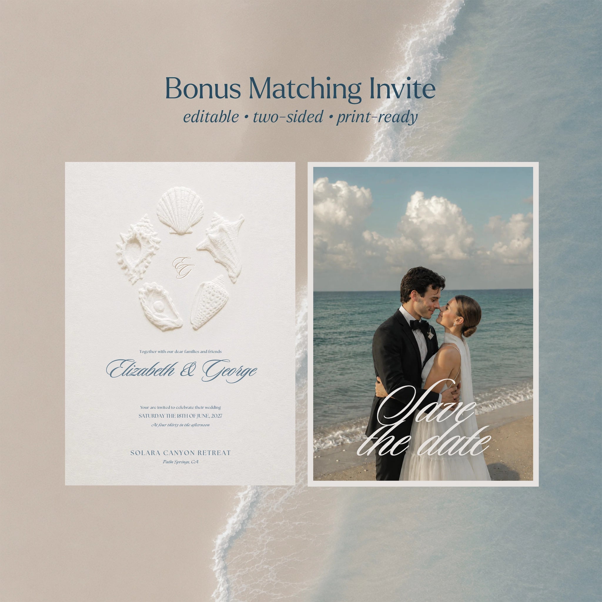 Coastal beach save the date invitation template with embossed seashells, editable printable wedding invitation suite