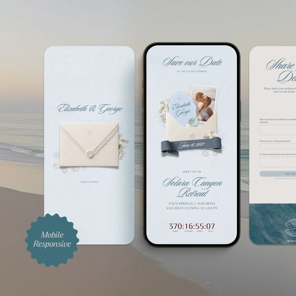 Mobile-responsive save the date wedding website template on phone screen, seashell envelope and wedding countdown timer
