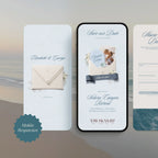 Mobile-responsive save the date wedding website template on phone screen, seashell envelope and wedding countdown timer