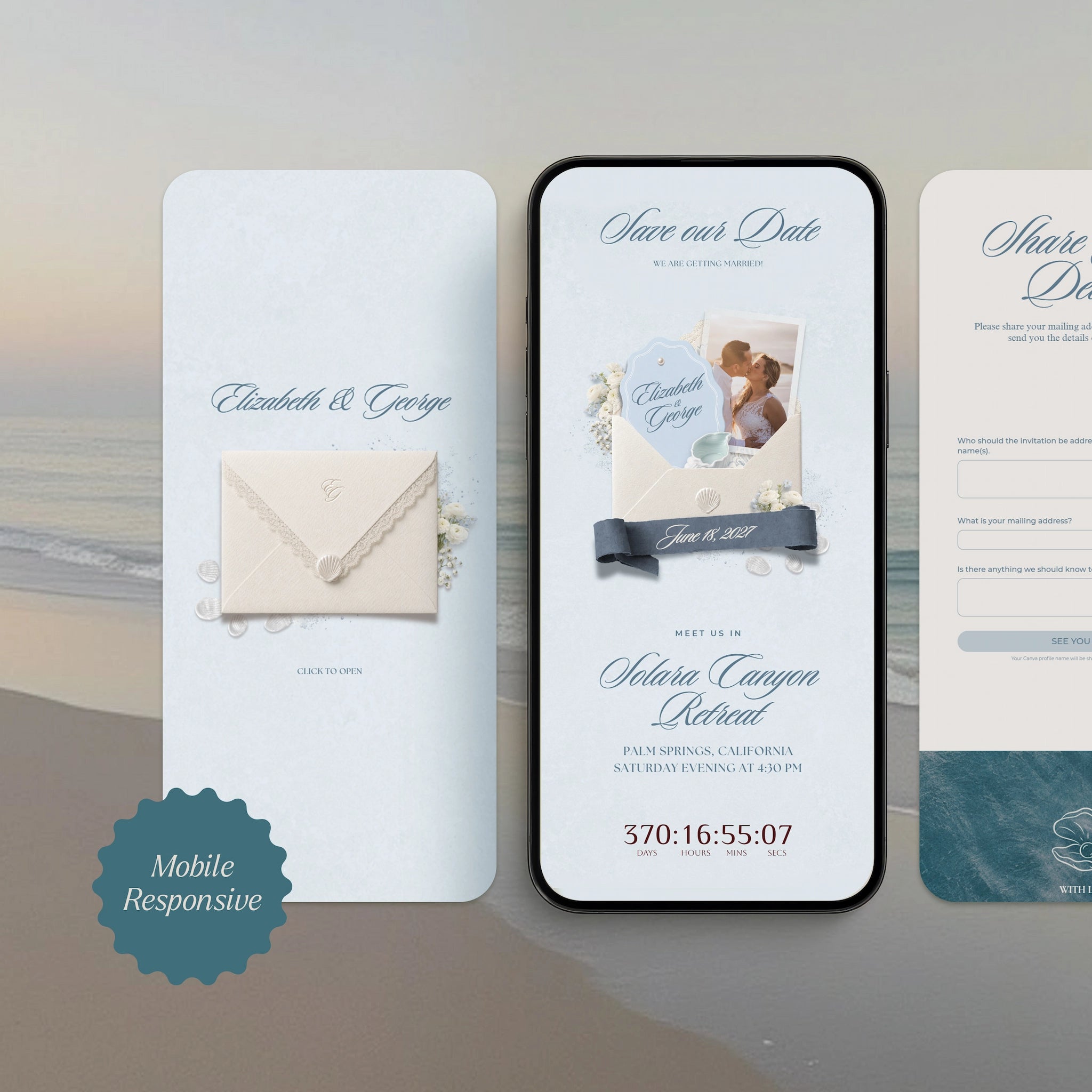 Mobile-responsive save the date wedding website template on phone screen, seashell envelope and wedding countdown timer