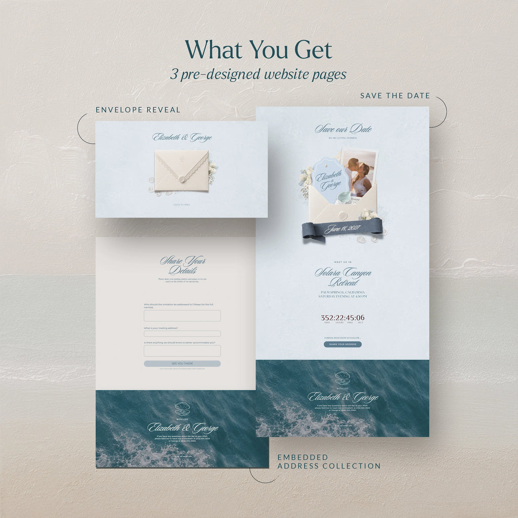 Coastal beach save the date website template preview: envelope reveal, save the date countdown page, and RSVP form