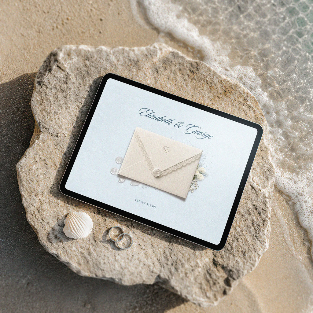 Coastal beach wedding website template shown on iPad, cream lace envelope with seashell seal on beach rock