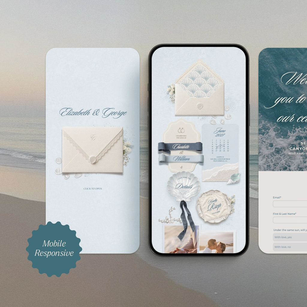 Mobile-responsive coastal beach wedding website template on phone screen, seashell envelope with full RSVP form and menu options