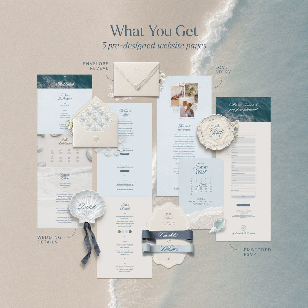 Coastal beach wedding website template preview: envelope reveal, love story, wedding details, timeline, and RSVP pages