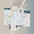 Coastal beach wedding website template preview: envelope reveal, love story, wedding details, timeline, and RSVP pages