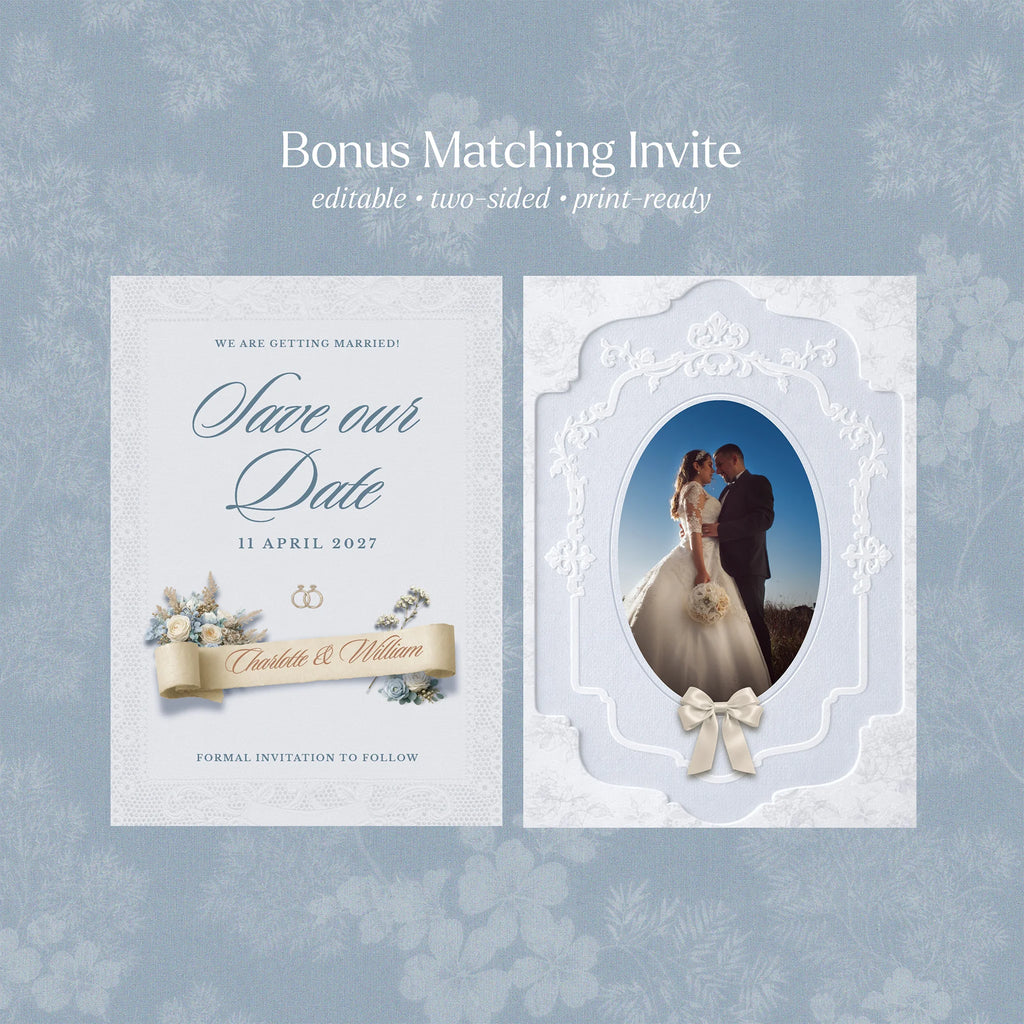 Dusty blue save the date invitation template with ornate frame and ribbon banner, editable printable wedding invitation