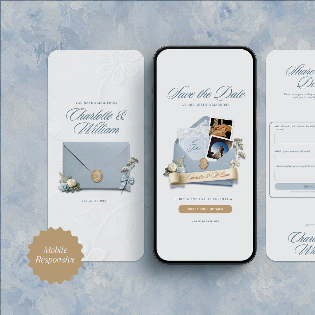 Mobile-responsive save the date wedding website template on phone screen, dusty blue floral envelope and RSVP form