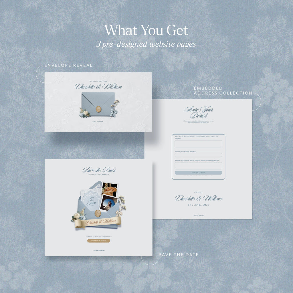 Dusty blue save the date website template preview: envelope reveal, save the date page, and RSVP address form