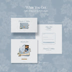 Dusty blue save the date website template preview: envelope reveal, save the date page, and RSVP address form