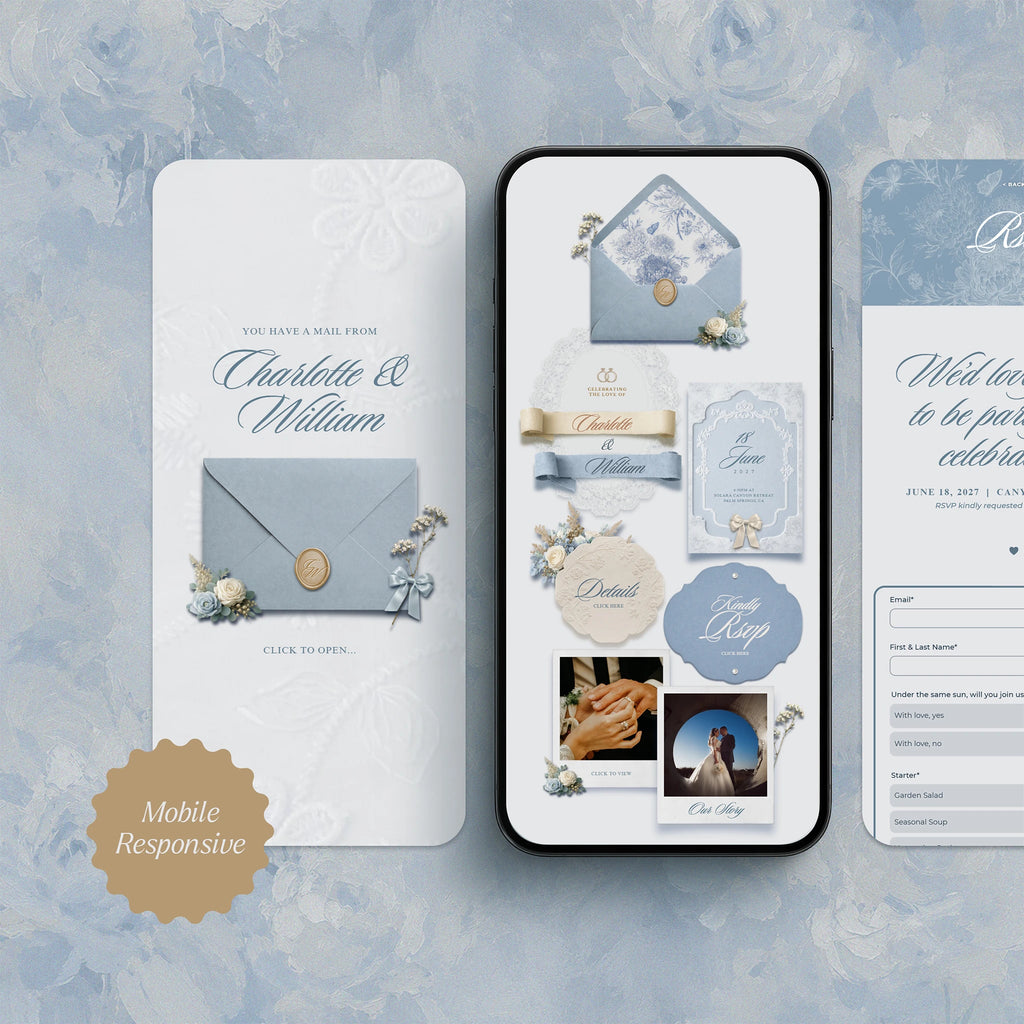 Mobile-responsive wedding website template on phone screen, dusty blue chinoiserie envelope liner with RSVP form and menu options