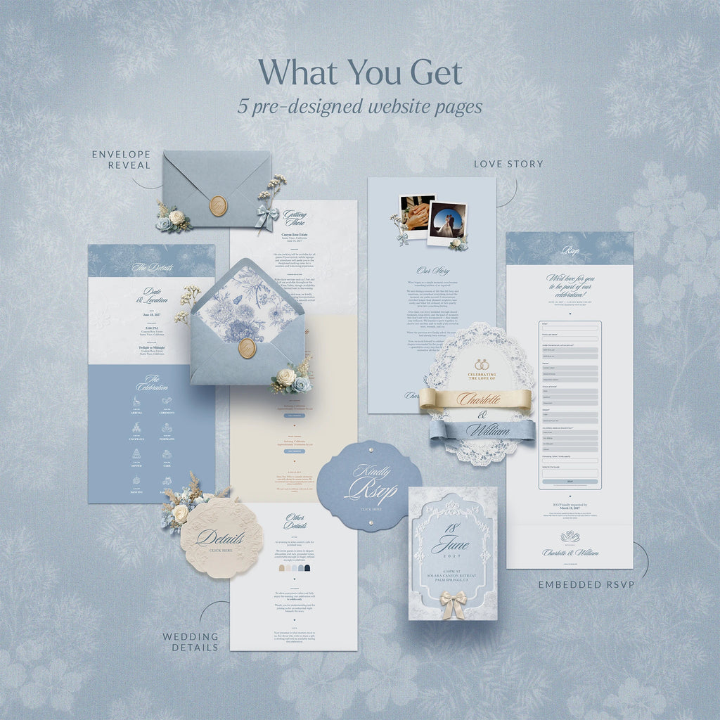 Dusty blue chinoiserie wedding website template preview: envelope reveal, love story, wedding details, and RSVP pages