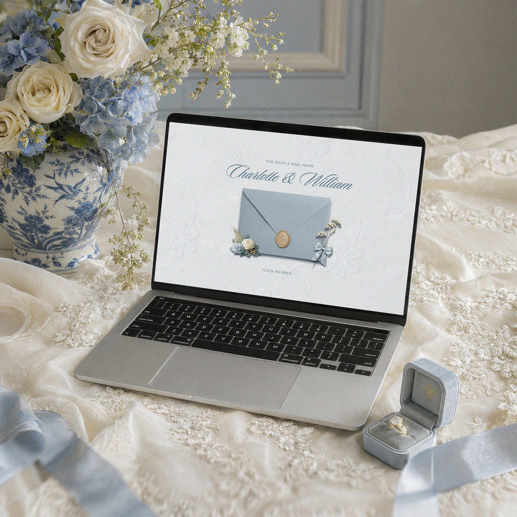 Dusty blue wedding website template shown on laptop, envelope with wax seal and chinoiserie floral liner on lace background