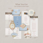 Enchanted Garden whimsical wedding website template preview: gold key baby blue envelope reveal, love story, and RSVP pages