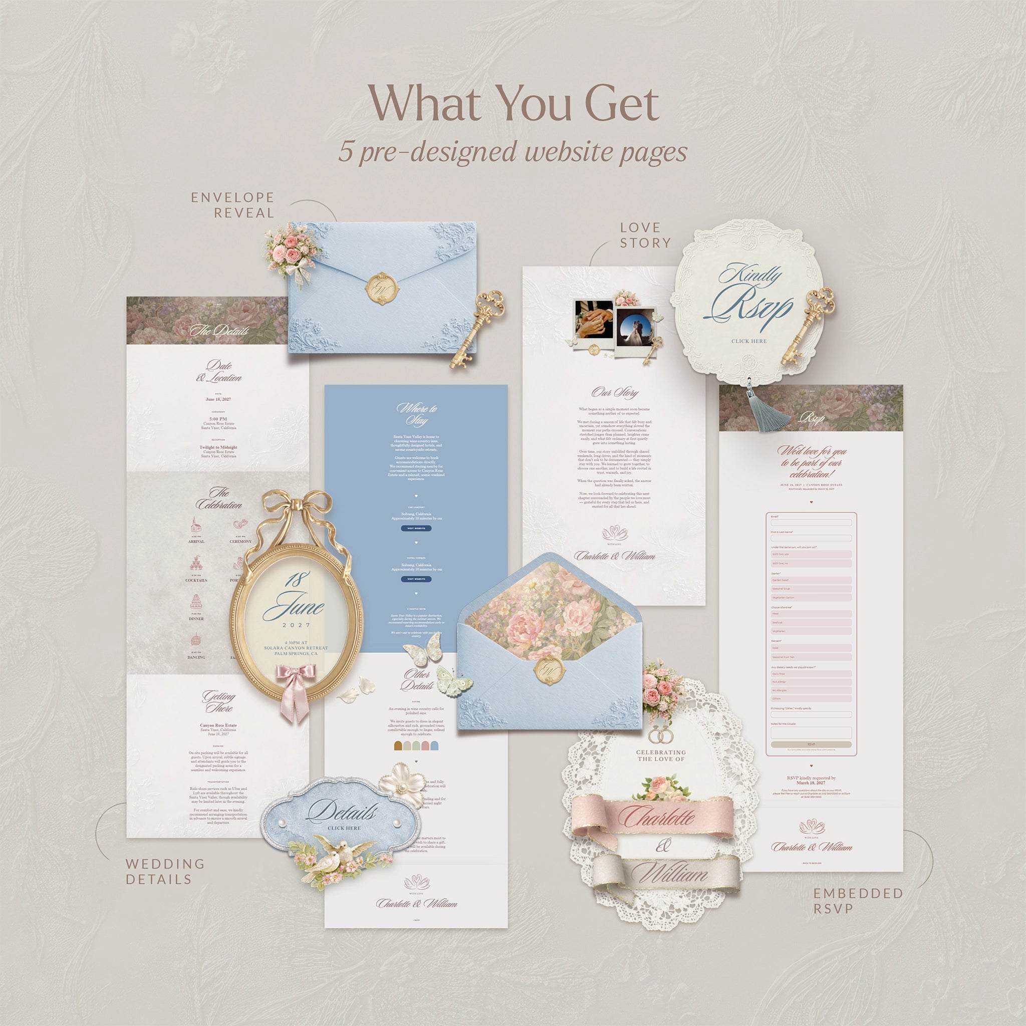 Enchanted Garden whimsical wedding website template preview: gold key baby blue envelope reveal, love story, and RSVP pages