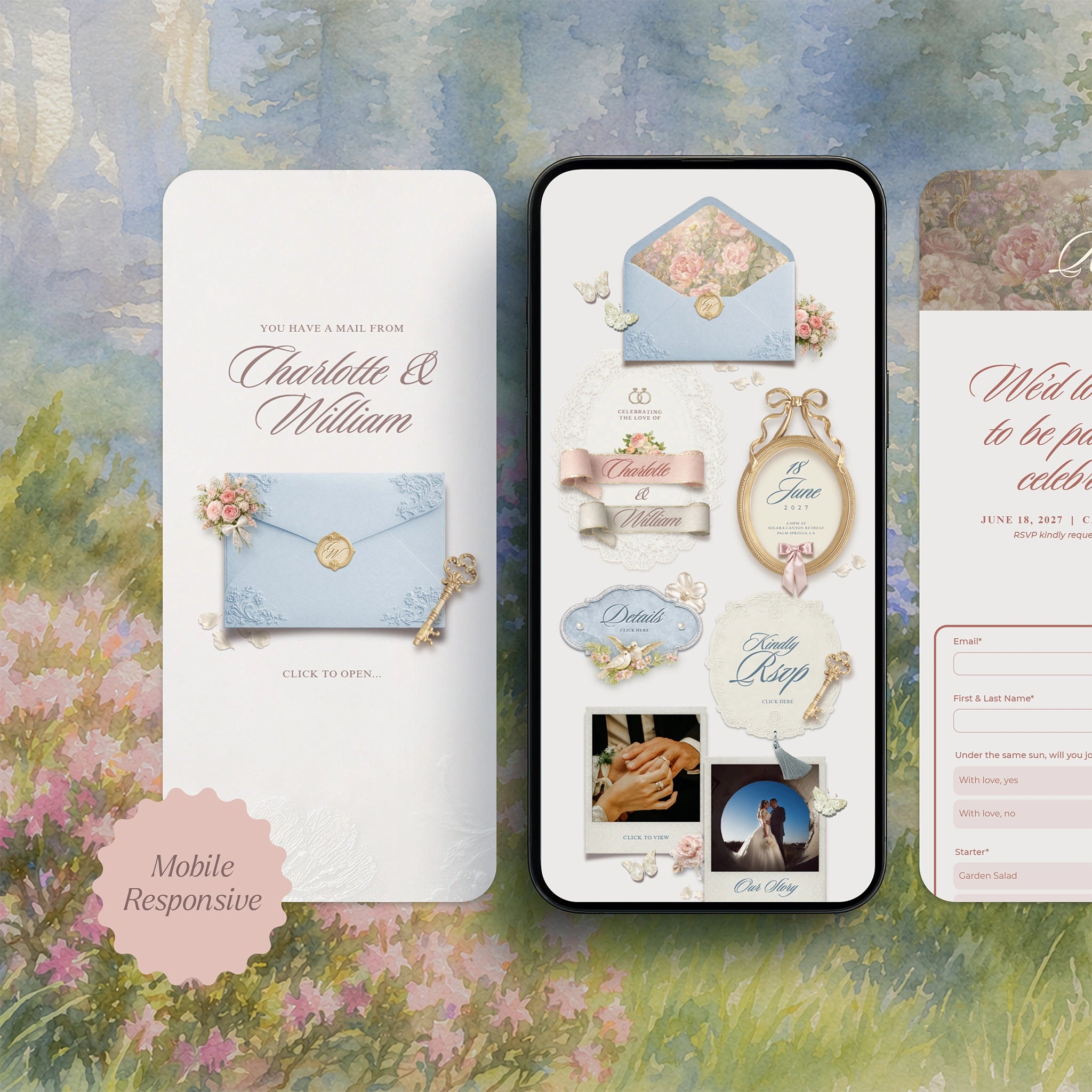 Mobile-responsive Enchanted Garden wedding website template on phone screen, gold key baby blue envelope with floral liner and RSVP form