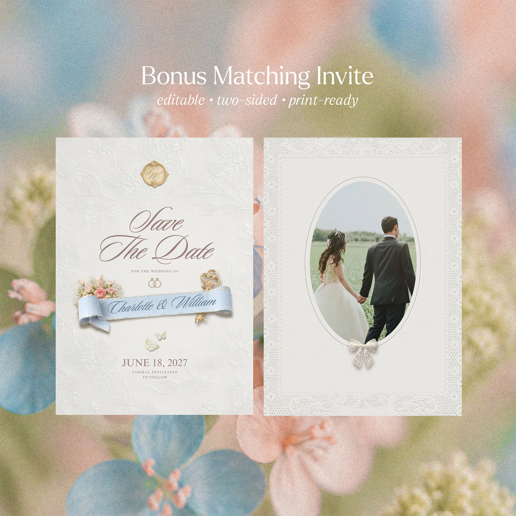 Dusty blue save the date invitation template with gold key and wax seal, editable printable wedding invitation suite