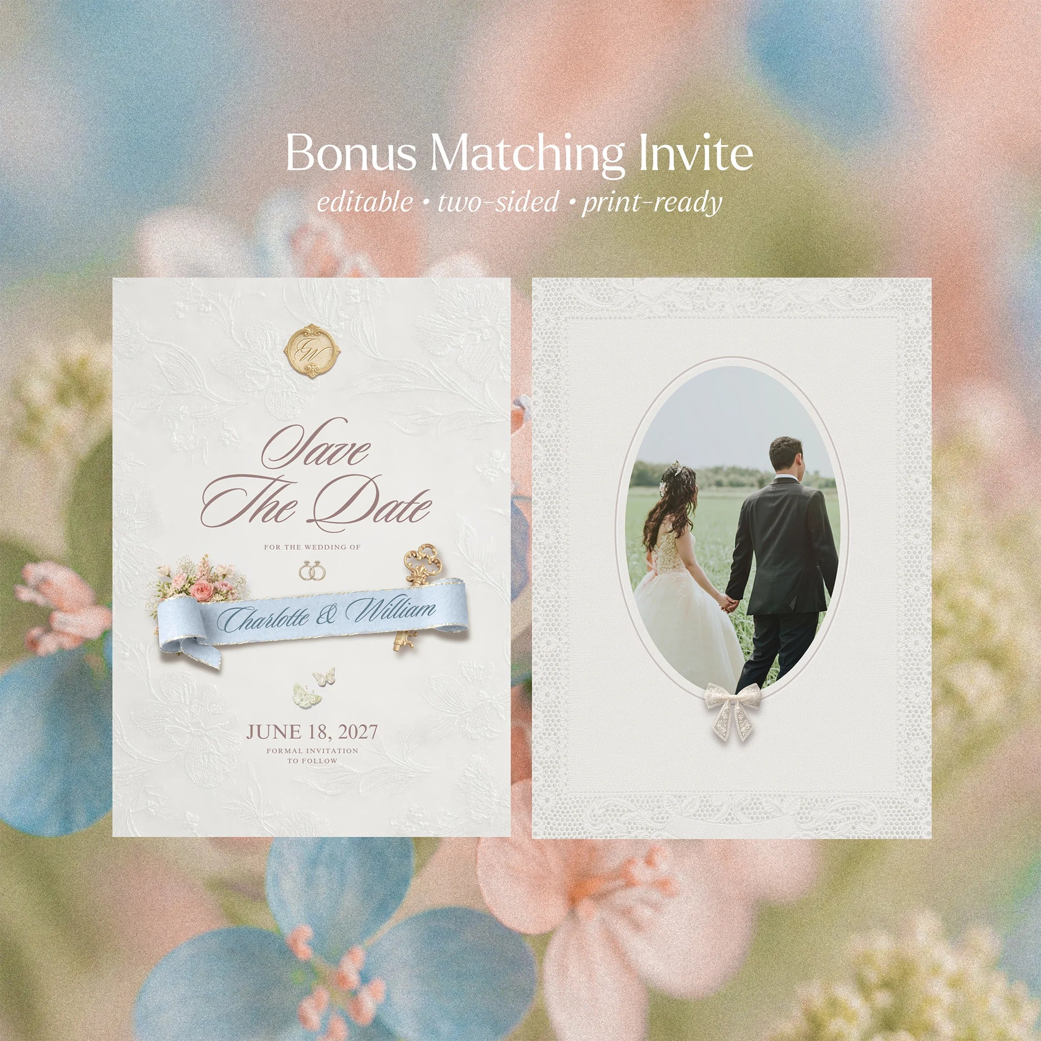 Dusty blue save the date invitation template with gold key and wax seal, editable printable wedding invitation suite