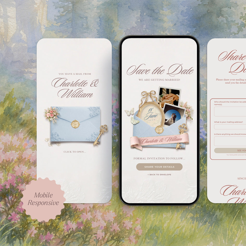 Mobile-responsive save the date wedding website template on phone screen, fantasy gold key envelope and RSVP address form