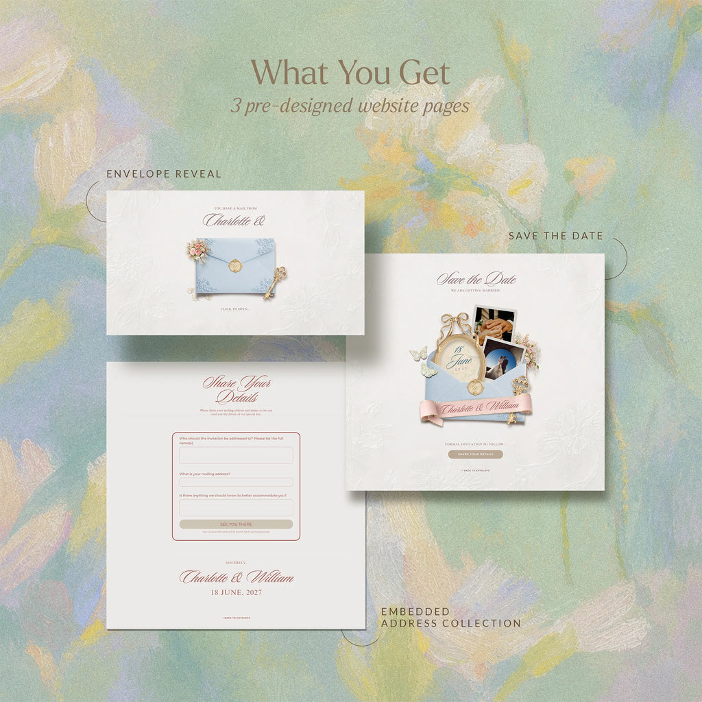 Enchanted Garden save the date website template preview: envelope reveal, save the date page with gold key, and RSVP address form
