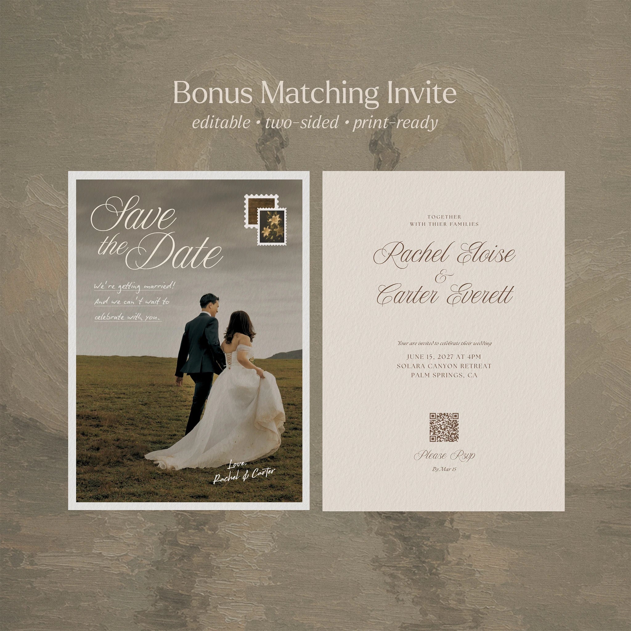 Heirloom Romance save the date invitation template with vintage postage stamps, editable printable invitation with QR code