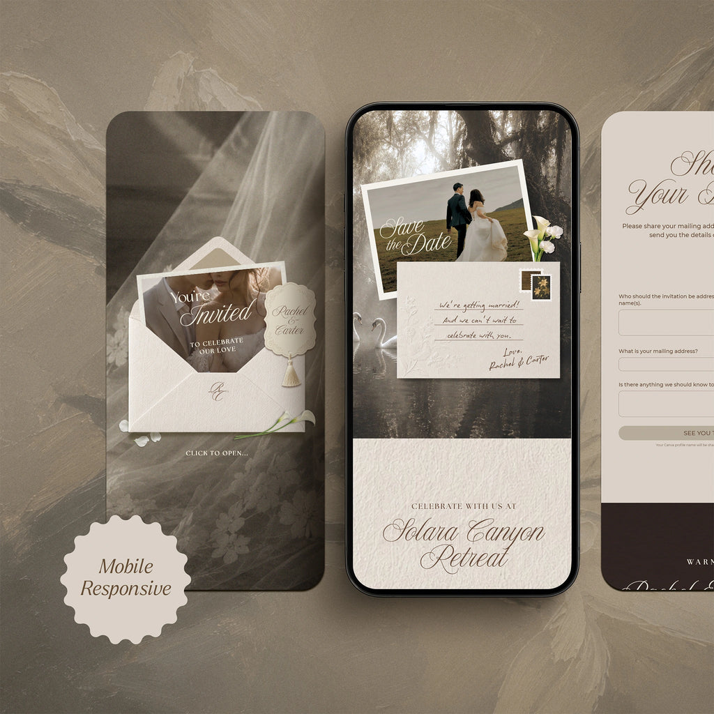 Mobile-responsive Heirloom Romance save the date website template on phone screen, vintage veiled envelope reveal and swan pond scene