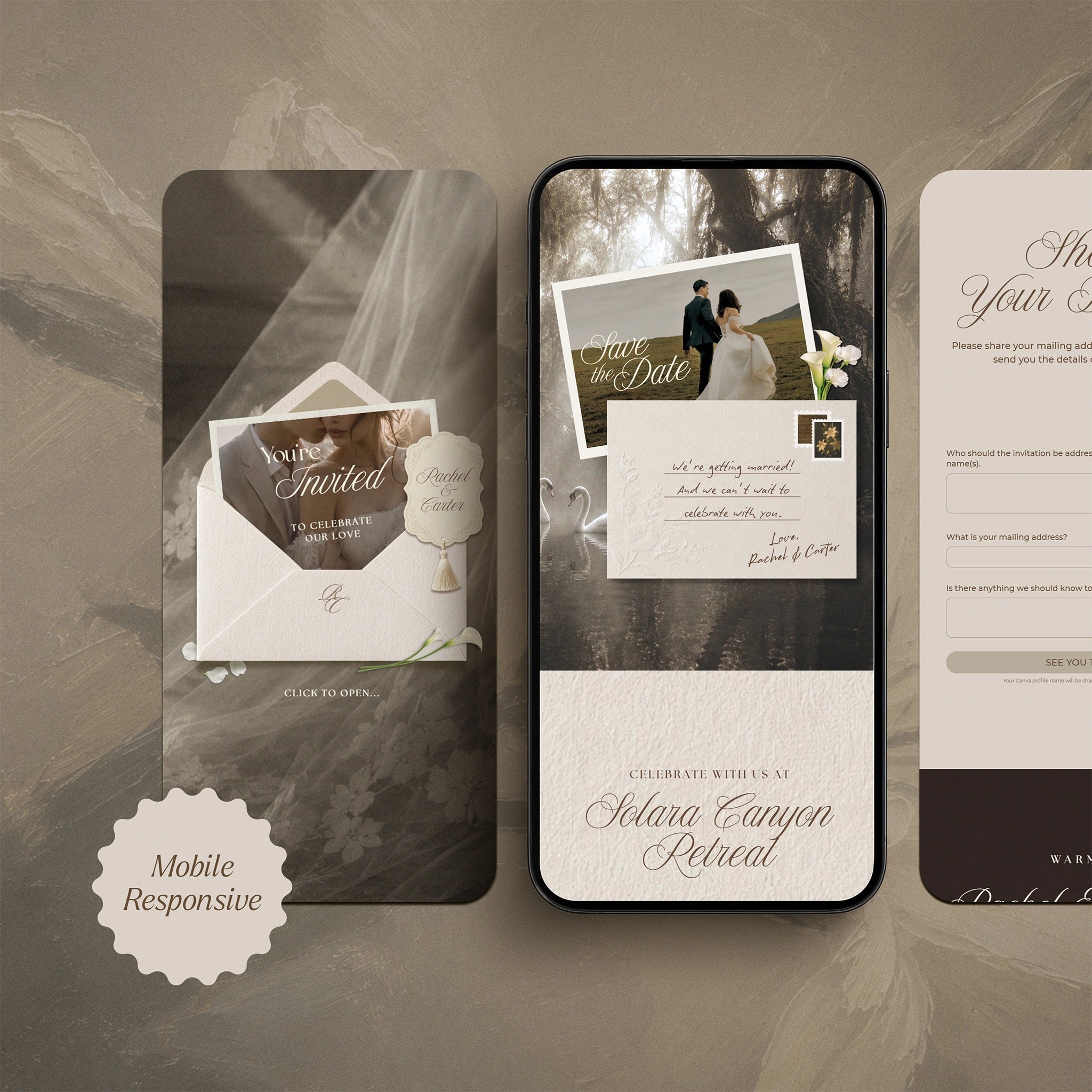 Mobile-responsive Heirloom Romance save the date website template on phone screen, vintage veiled envelope reveal and swan pond scene