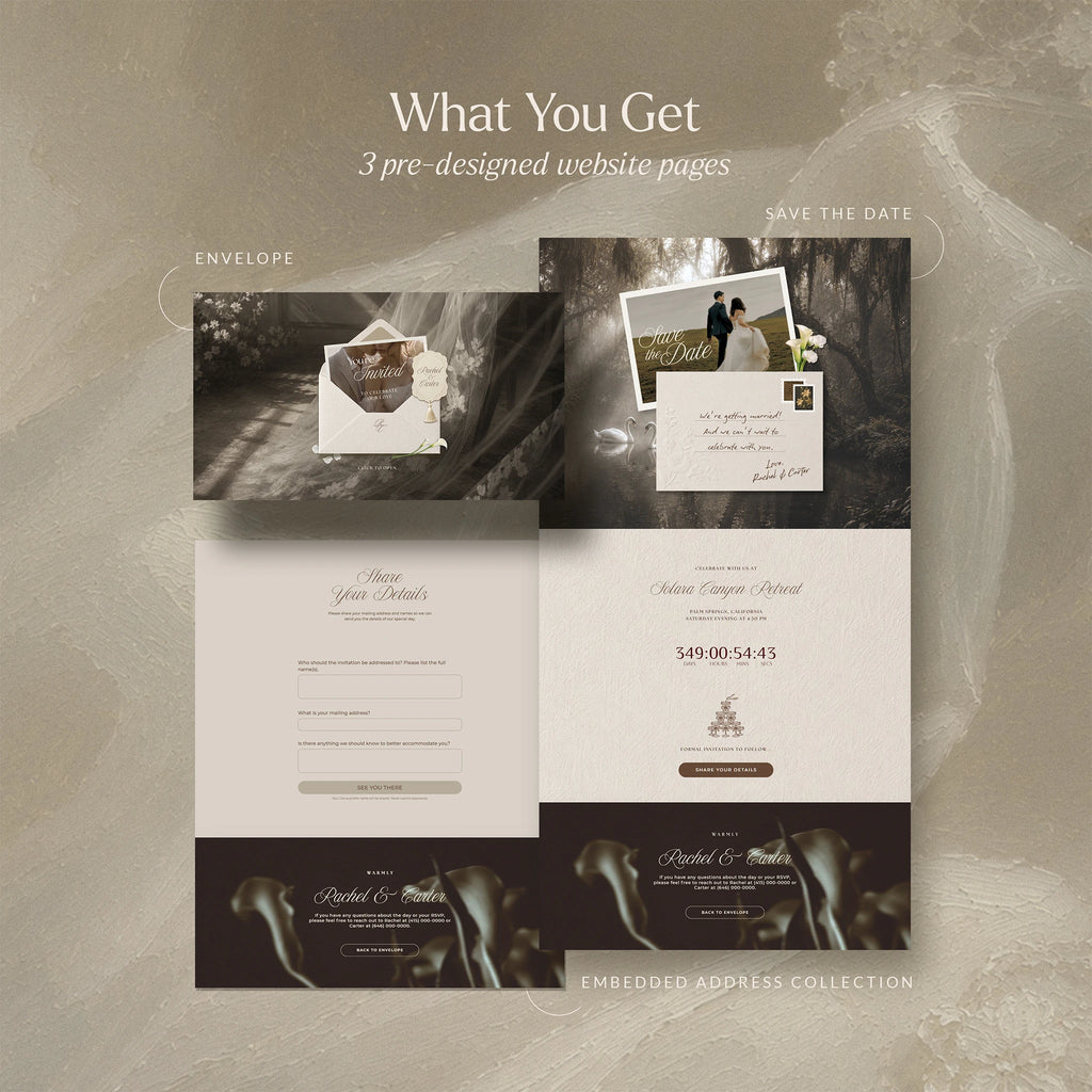 Heirloom Romance vintage save the date website template preview: vintage envelope reveal, save the date countdown, and RSVP form