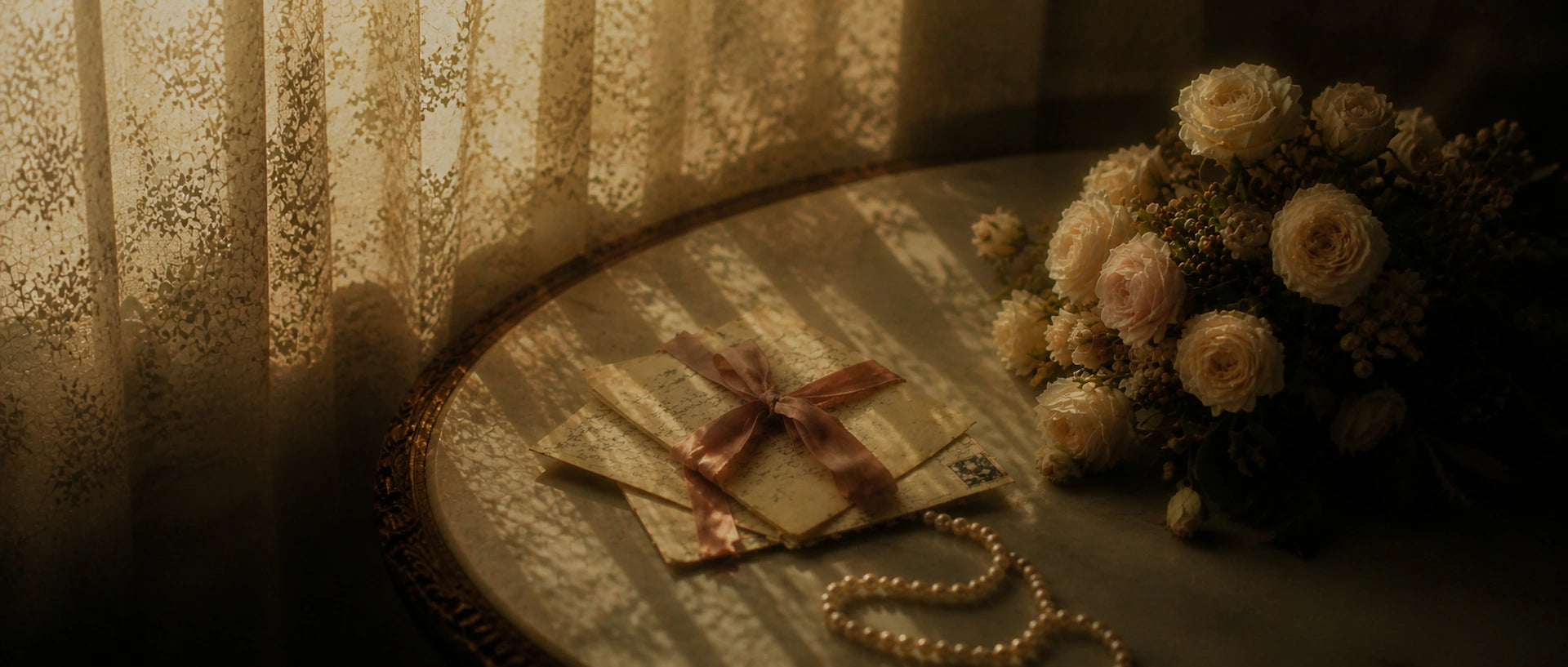 Romantic wedding stationery, pearl necklace and cream roses in warm light for the Lace & Found about page banner