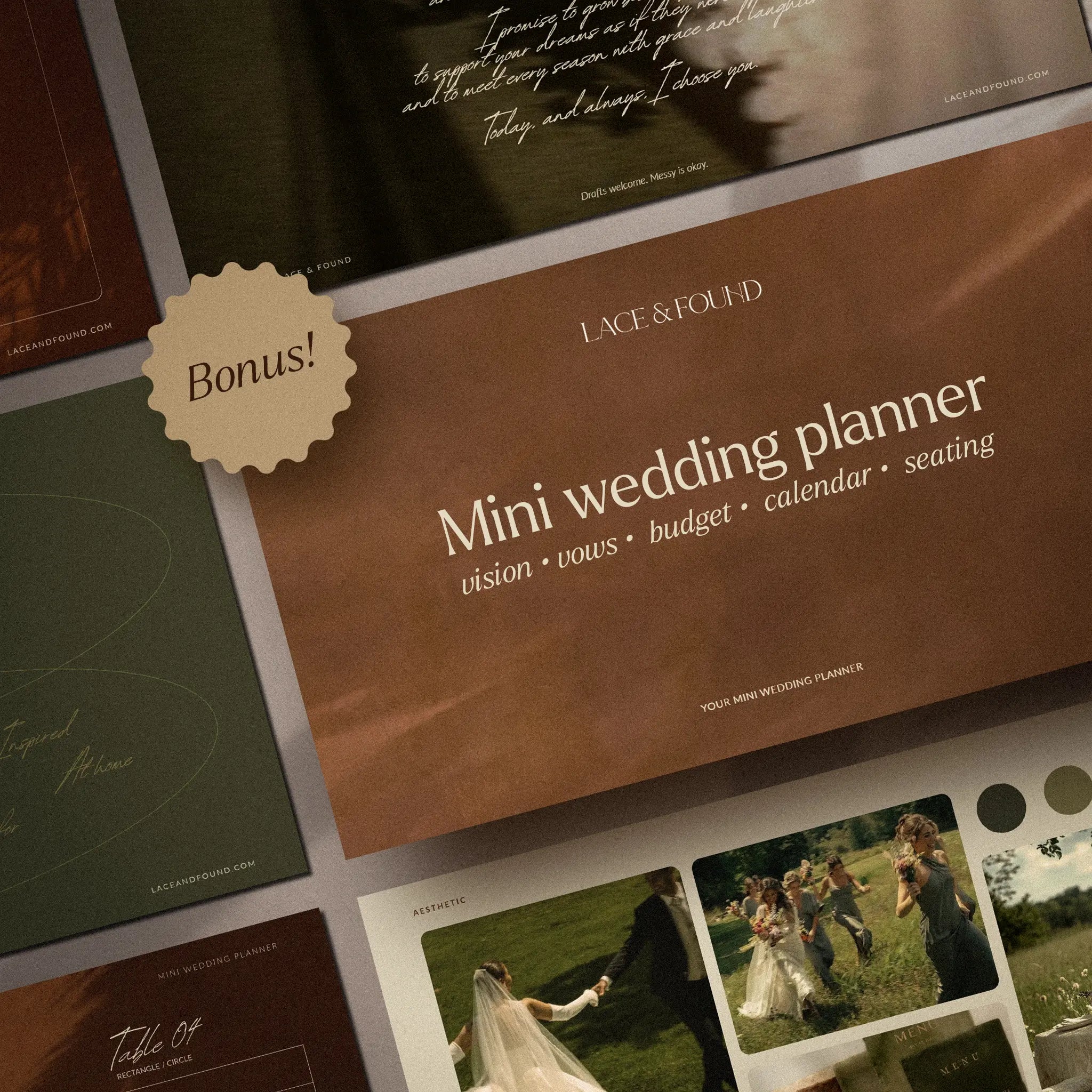 Mini wedding planner freebie by Lace & Found with earthy brown and olive aesthetic, elegant typography and romantic wedding planning guide layout