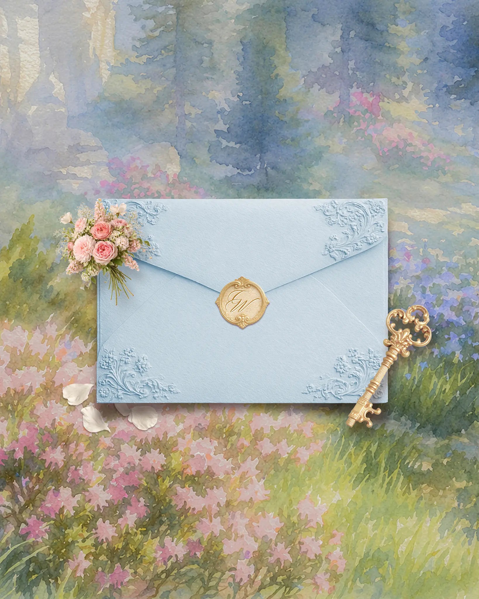 Romantic Fairytale wedding website template with blue envelope and floral details