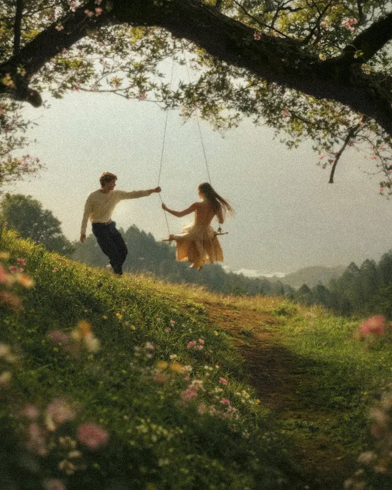 Man pushing a woman on a swing under a tree in a scenic outdoor setting.