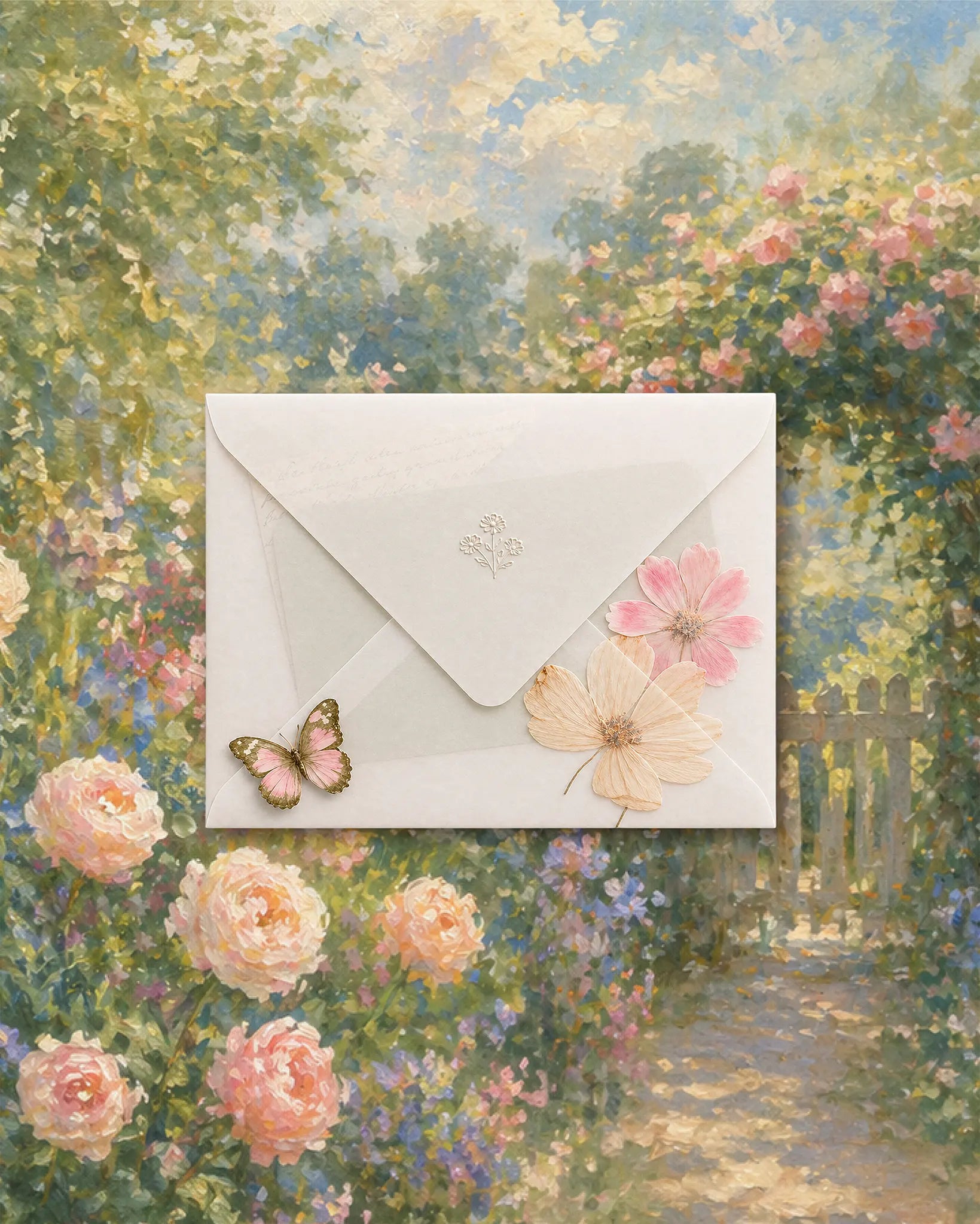 Secret Garden wedding website template with ivory envelope and romantic florals
